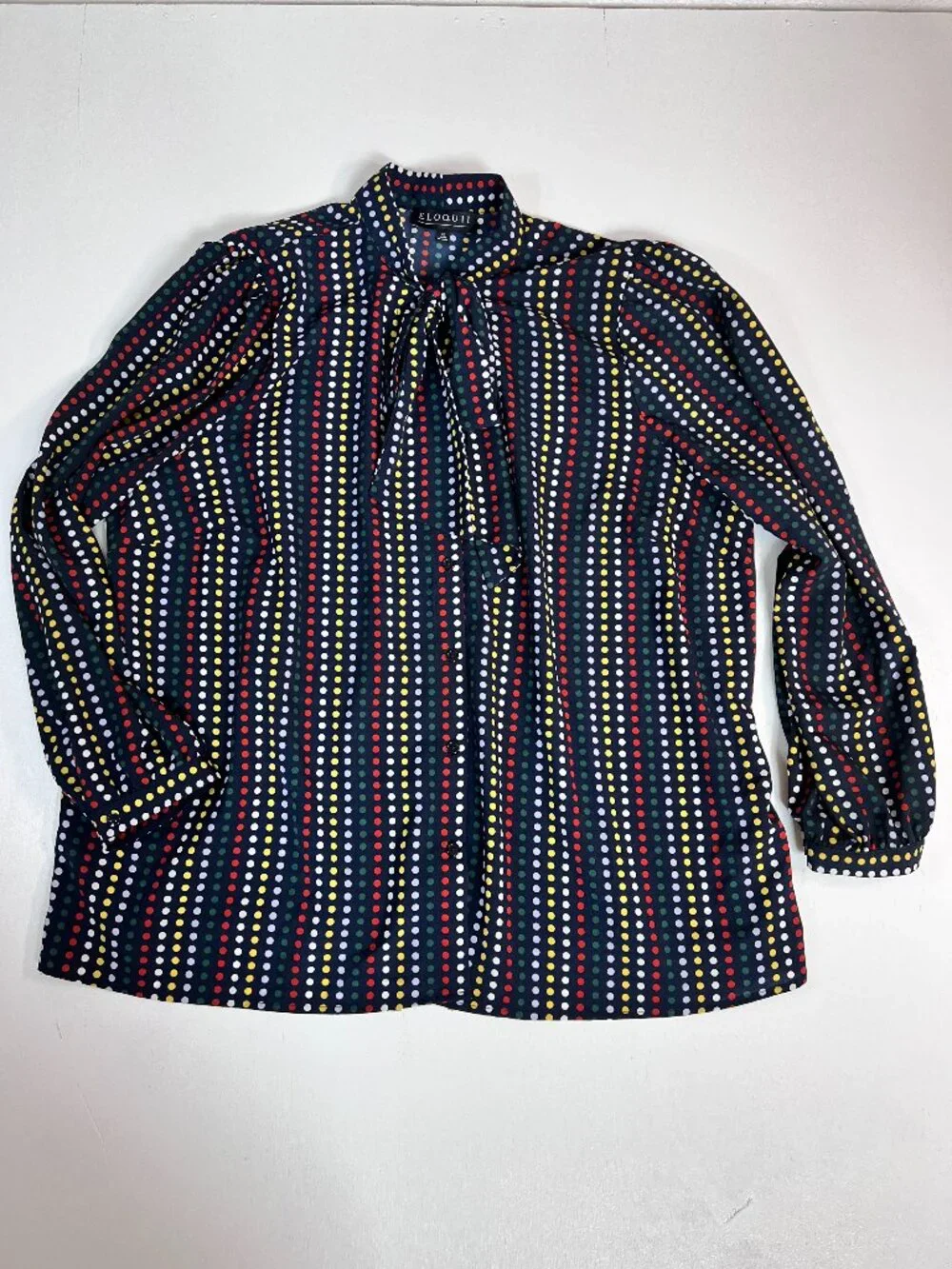 Eloquii Size 20 Navy Multicolor Polka Dot Tie Neck Puff Sleeve Blouse - Picture 2 of 10